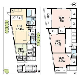 不動産間取りトレースの参考価格 戸建て(2階)＋植栽・自動車・外構オプション追加の場合のサンプル